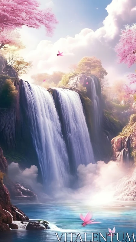 Dreamlike twin waterfalls in pastel cherry blossom valley.