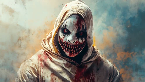 Sinister hooded monster with bloody teeth and white mask.