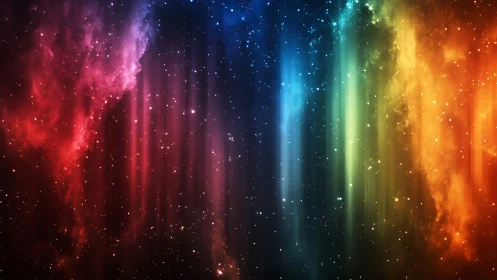 Multicolor vertical nebula bands across starfield background.