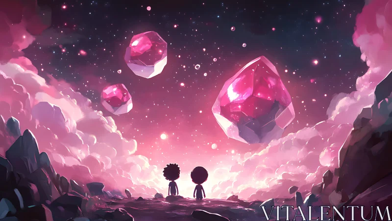 Two small friends gaze at glowing pink crystal skies