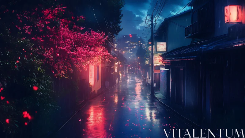 Neon rain whispers along a cherry-lit midnight alleyway.