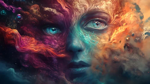 Cosmic face emerging from swirling nebula clouds and light.