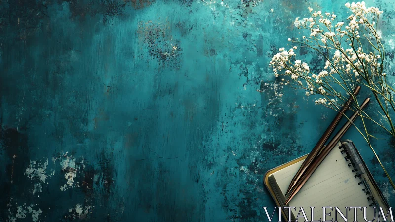 Rustic teal desk with notebook, pencils and baby’s breath.