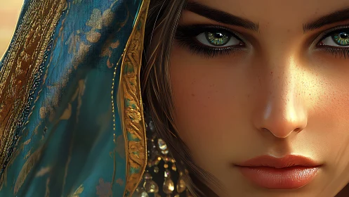 Mystic green-eyed gaze framed by shimmering teal veil.