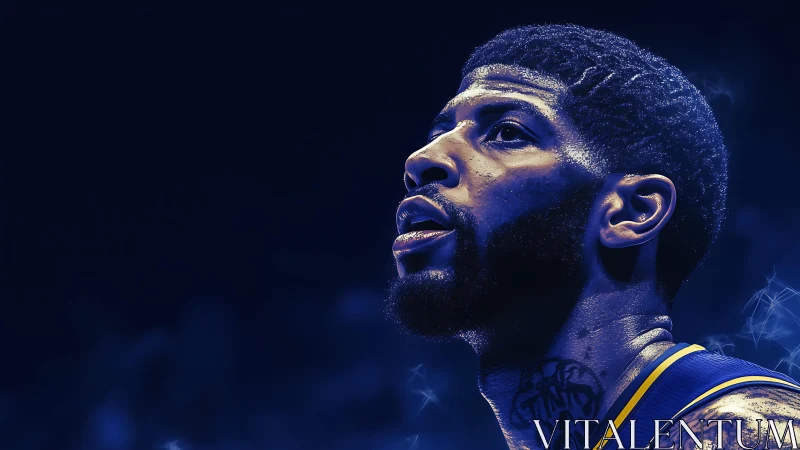 Intense basketball portrait glows against electric blue night