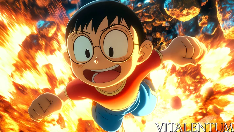 Boy in glasses flies forward through fiery exploding debris