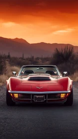 Scarlet desert Corvette greets a molten neon sunset sky.
