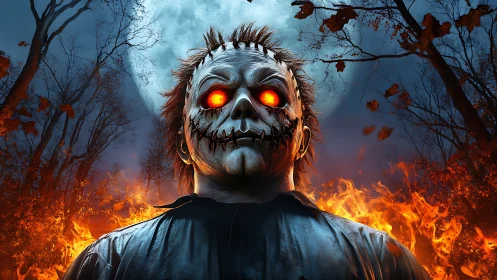 Flaming skull-masked figure under full moon in forest night.