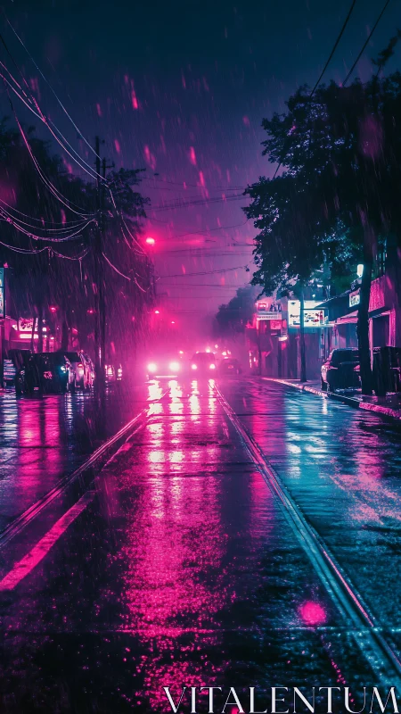 Neon rain turns the midnight street into a glowing corridor
