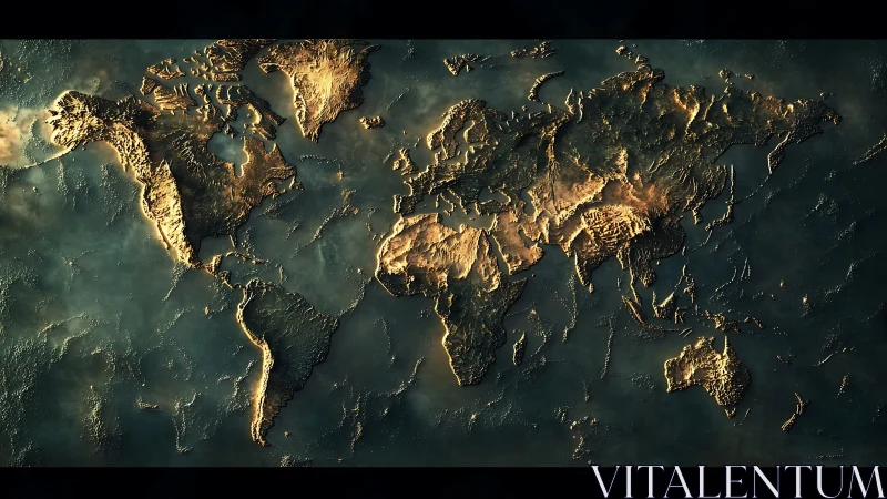 Golden relief world map glows over dark textured oceans