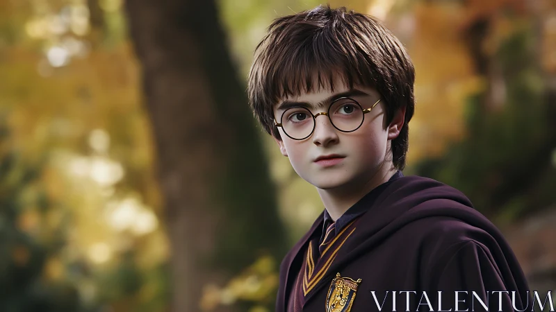 Young wizard student outdoors in autumnal forest setting