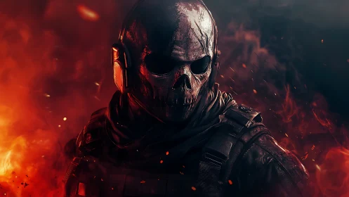 Armored skull-masked operative emerges amid cinematic firestorm