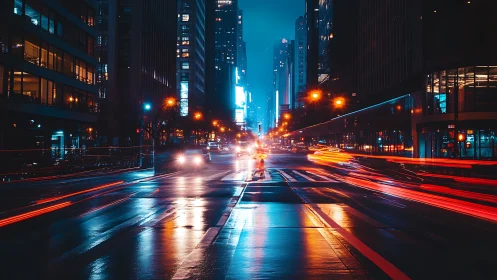 Neon city avenue glows with electric night traffic trails.
