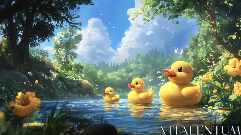 Three rubber duck figures float on a calm forest pond