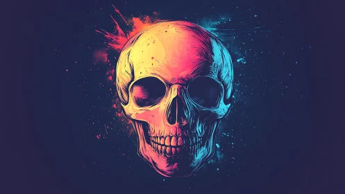 Human skull illustration with dual neon color lighting effect.
