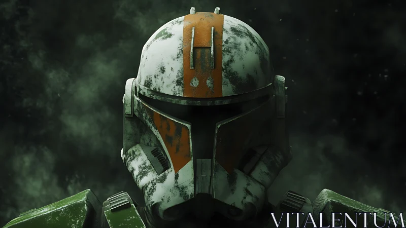 Weathered sci‑fi trooper helmet emerges from smoky shadows