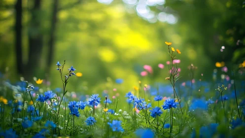 Sunlit wildflower chorus in a dreamy woodland clearing.