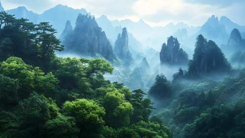 Karst mountain landscape with dense forest vegetation and atmospheric haze