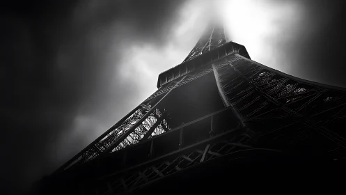 Moody tower view rises into glowing clouds above Paris