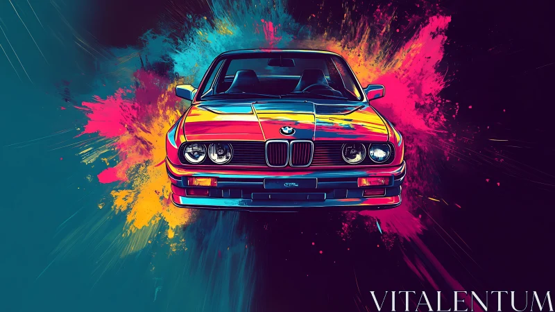 Neon-rendered classic BMW front view with symmetric paint-splash field