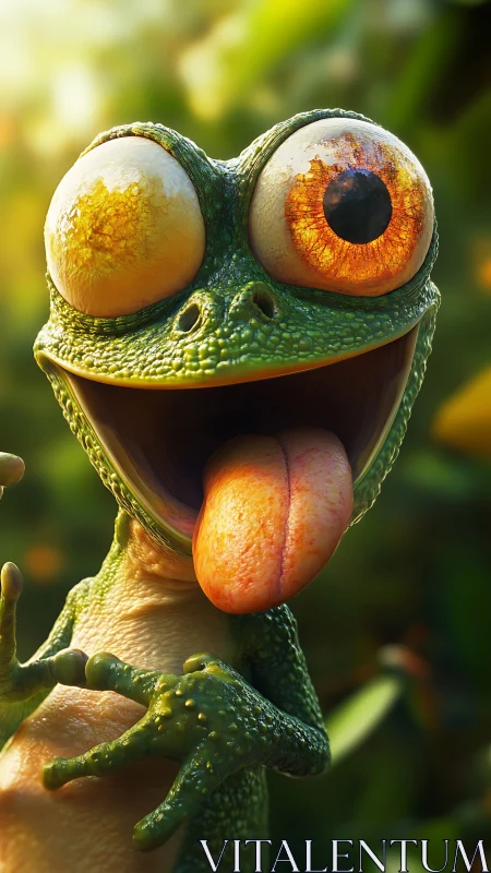 Playful big-eyed gecko grinning with wild goofy energy.