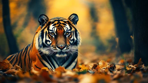 Autumn forest monarch tiger resting in a blaze of amber hush.