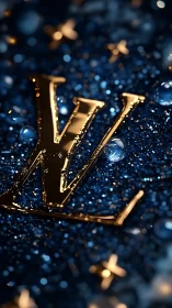 Gold monogram gleams over deep blue luxury glitter field