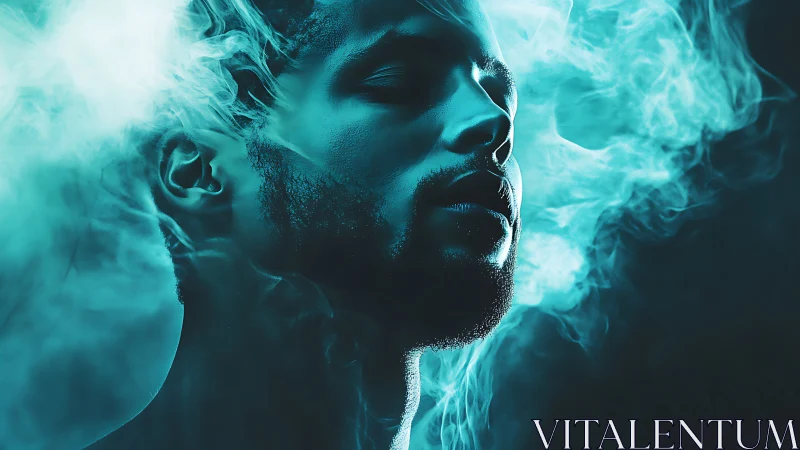 Man’s side profile in teal smoke with dramatic lighting.