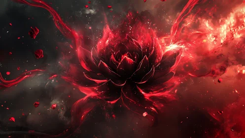Fiery cosmic flower unfurls in swirling red and shadowed light