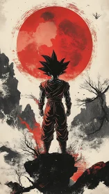 Solitary warrior studies a burning moon over shattered peaks