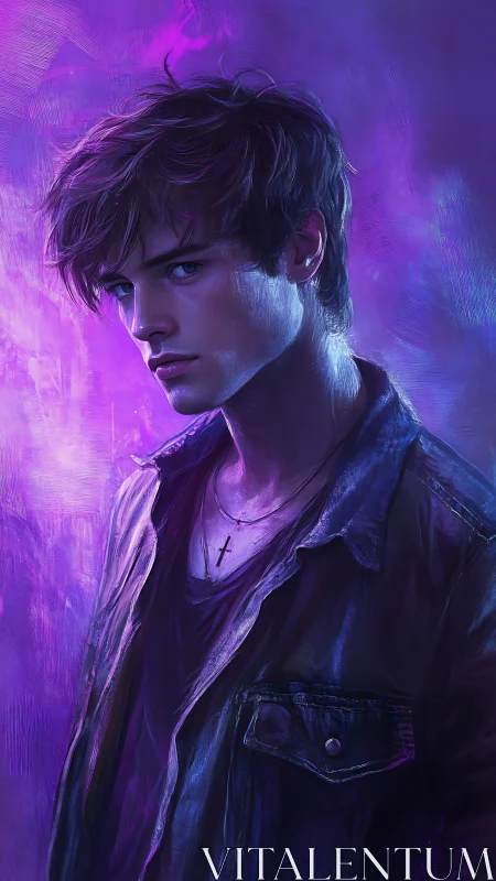 Brooding neon youth in moody violet portrait lighting.