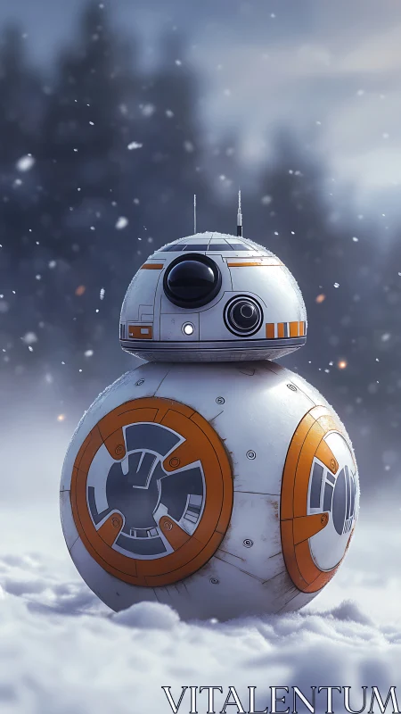 Photorealistic spherical droid portrait in winter snowscape.