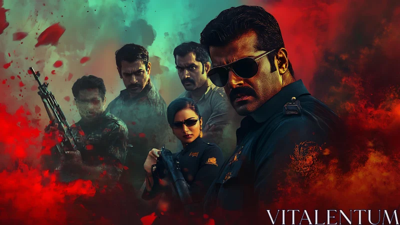 Armed tactical squad emerges through cinematic crimson smoke