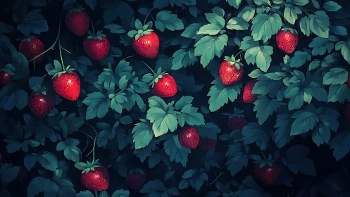 Strawberry plants with ripe fruit against dense dark foliage.