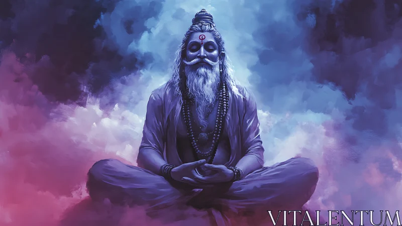 Meditating sage sits cross‑legged in vivid colored clouds