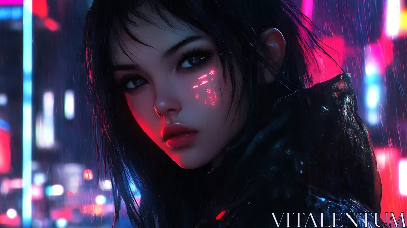 Neon rain draped cyber girl with luminous city gaze.
