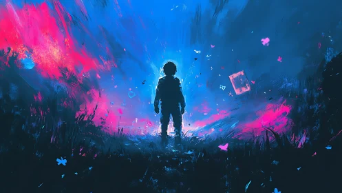 Stargazer child meets neon horizon in a hush of wonder.