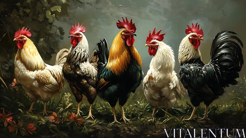 Six Roosters in Farm Setting.