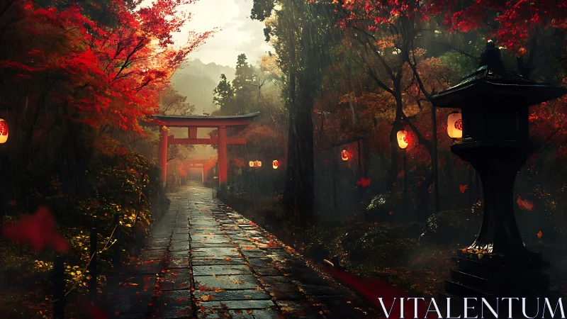 Misty shrine path glows beneath crimson autumn lanterns.