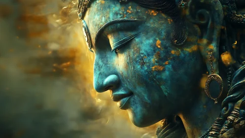 Serene blue stone deity face with golden glowing haze.