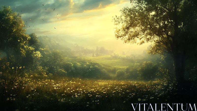 Sunlit meadow panorama with trees and atmospheric glow.
