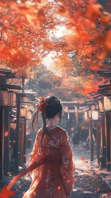 Kimono-clad girl under autumn maples in cinematic backlight