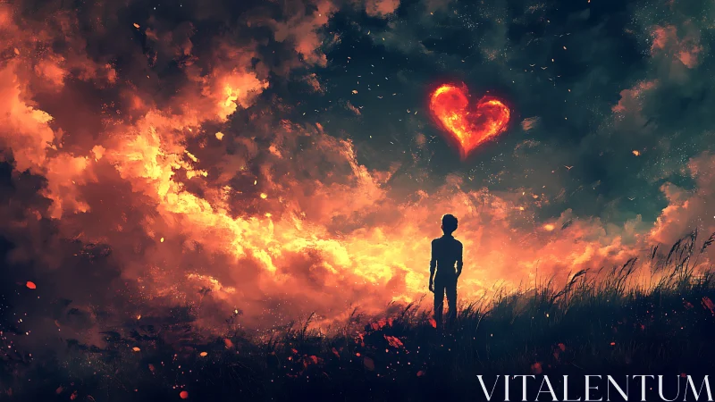 Solitary Figure Watches Burning Sky Heart.