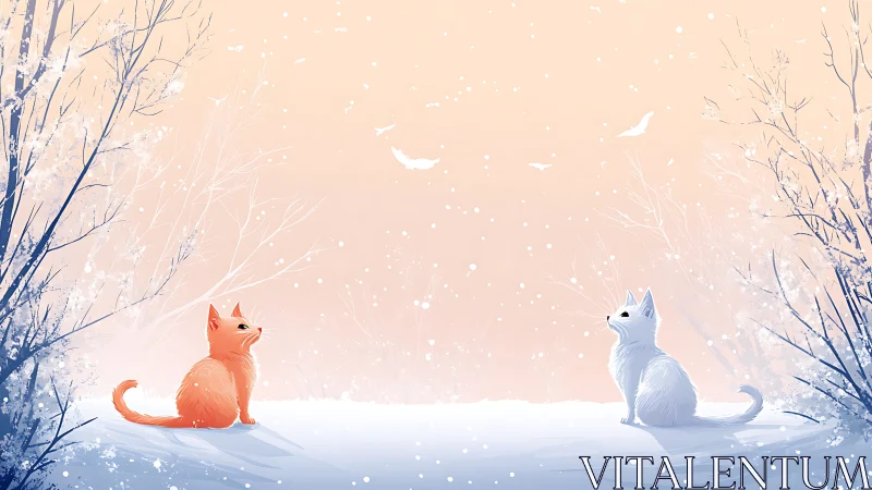 Chromatic Fox Diad in Snowed Forest Landscape.