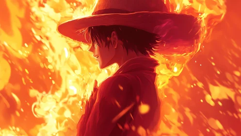 Straw hat anime figure in profile amid surrounding flames.