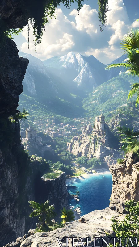 Sunlit cliffside village embracing turquoise mountain bay.