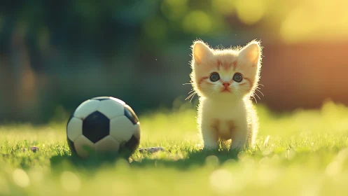 Backlit kitten and soccer ball in shallow-depth field study.