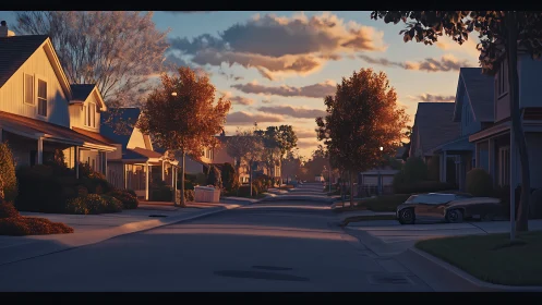 Sunset-lit suburban cul-de-sac with parked futuristic coupe