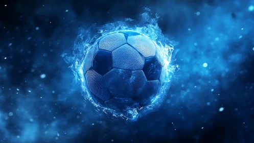 Glowing blue soccer ball suspended in dynamic plasma halo