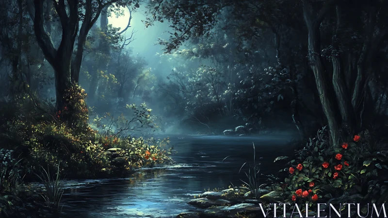 Moonlit forest river with glowing mist and vivid red roses